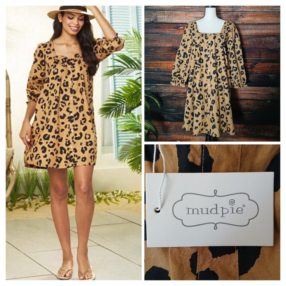 NWT Mud Pie Dress M Atlanta Swing Tan Leopard Square Neck 3/4 Sleeve Cotton